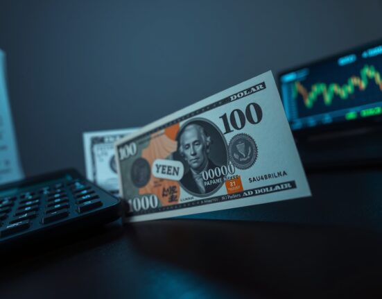 Japanese yen banknote and US dollar on desk with forex chart in background