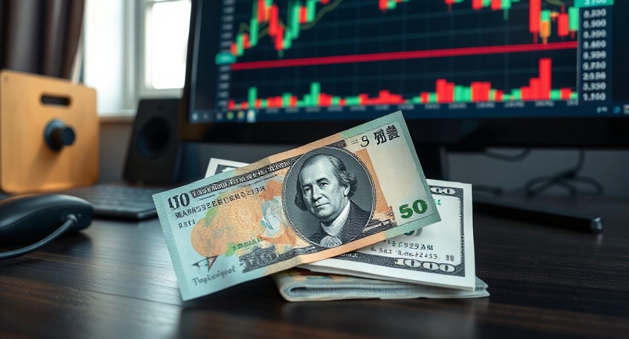 Japanese yen banknotes and US dollars with a forex chart in the background