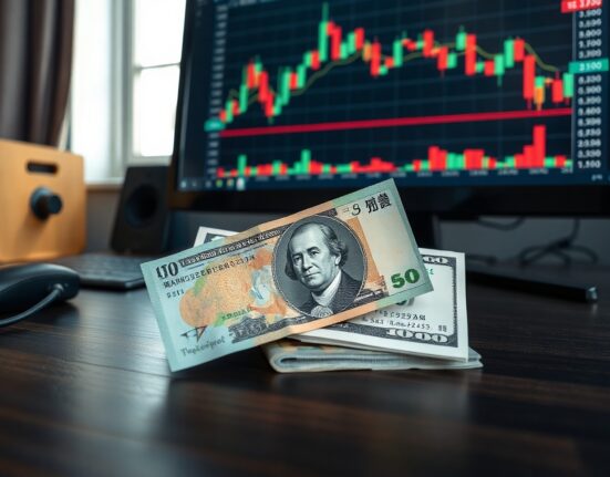 Japanese yen banknotes and US dollars with a forex chart in the background
