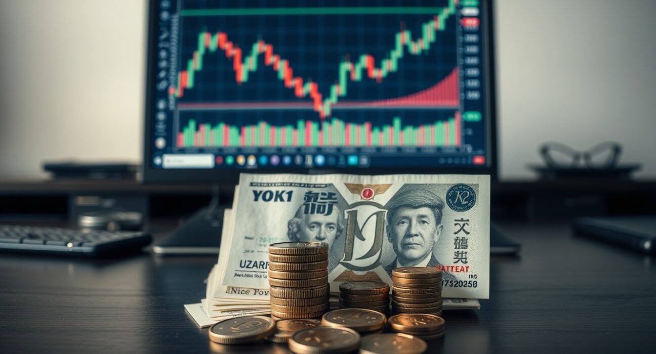 Japanese yen banknotes and coins with a USD/JPY chart in the background