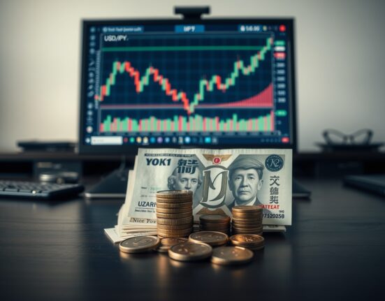 Japanese yen banknotes and coins with a USD/JPY chart in the background