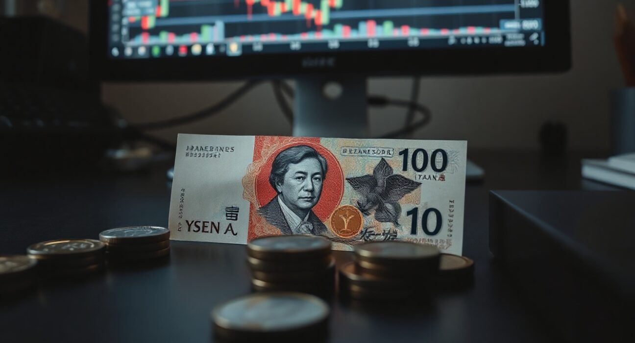 Japanese yen banknotes and coins on a trading desk with charts on a monitor