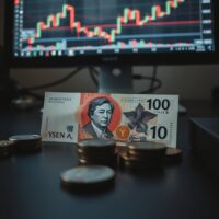 Japanese yen banknotes and coins on a trading desk with charts on a monitor