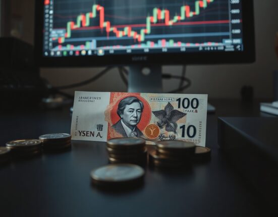Japanese yen banknotes and coins on a trading desk with charts on a monitor