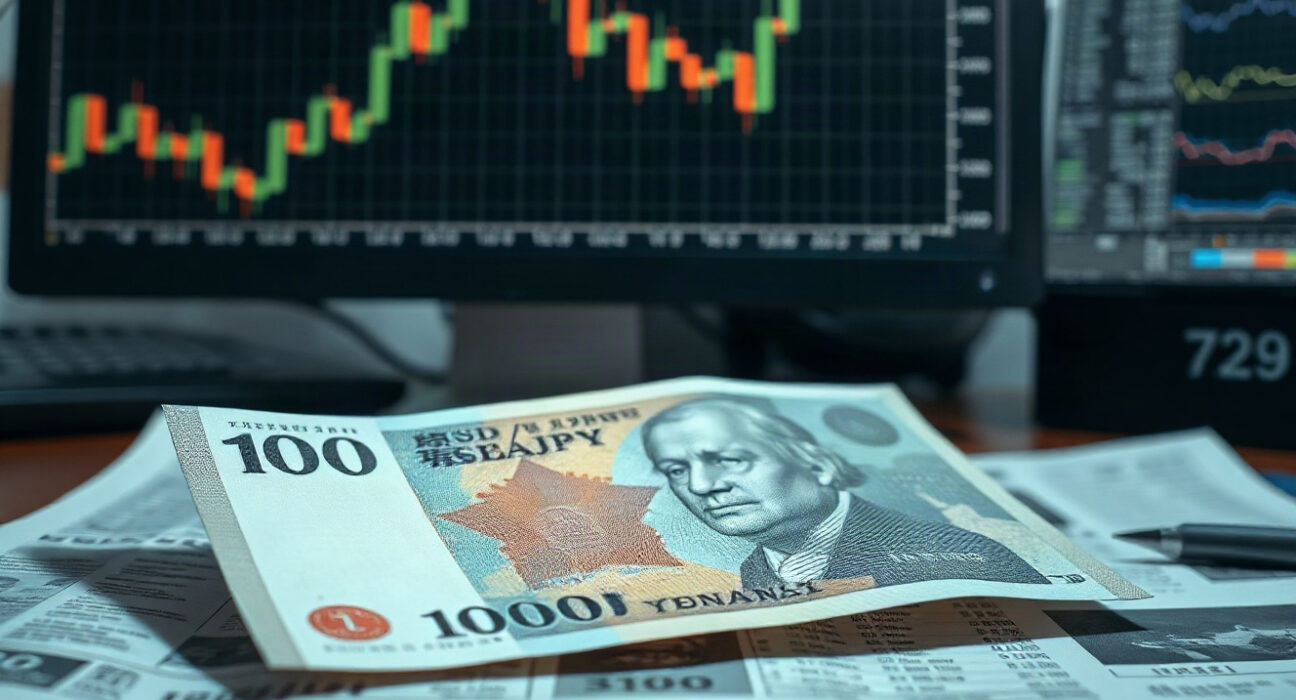 Japanese yen banknote with financial charts in background