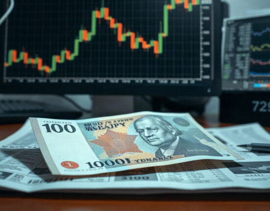 Japanese yen banknote with financial charts in background