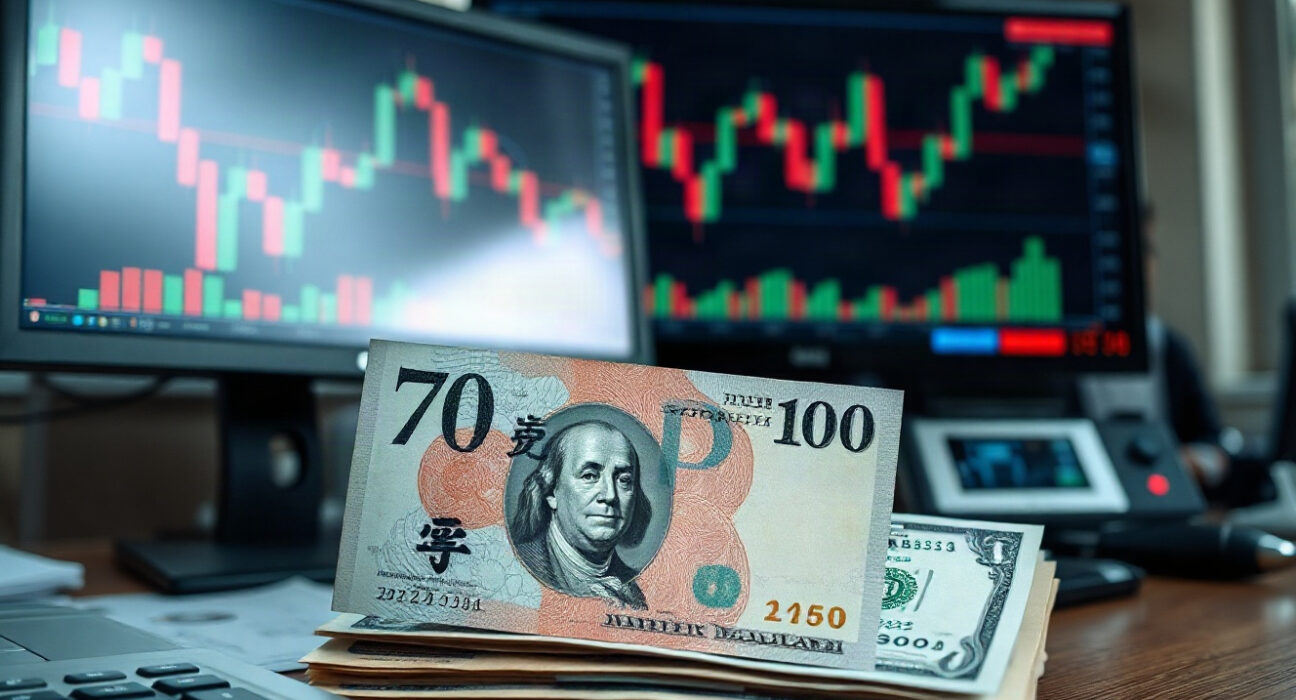 Japanese yen and US dollar banknotes on a desk with a currency chart on a monitor