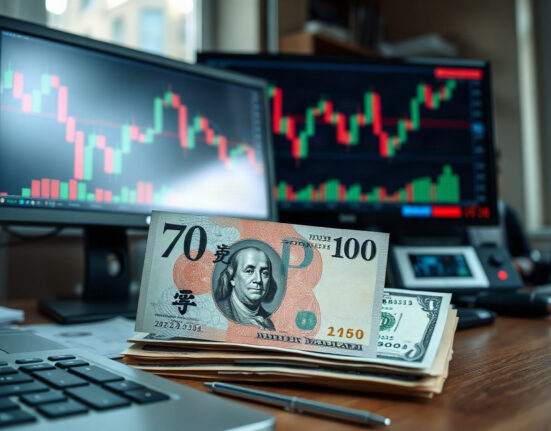 Japanese yen and US dollar banknotes on a desk with a currency chart on a monitor