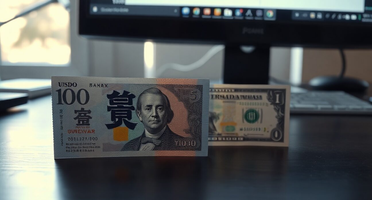 Japanese yen and US dollar banknotes with a USD/JPY chart in the background