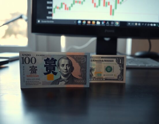 Japanese yen and US dollar banknotes with a USD/JPY chart in the background