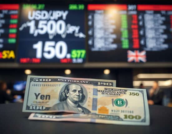 Japanese yen and US dollar banknotes with a forex chart in the background, symbolizing USD/JPY movements.