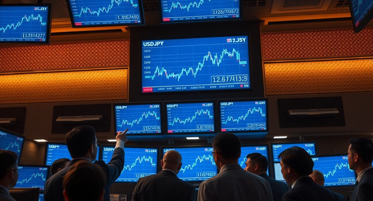 Tokyo foreign exchange trading floor with screens showing USD/JPY spikes, traders monitoring markets