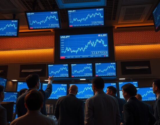 Tokyo foreign exchange trading floor with screens showing USD/JPY spikes, traders monitoring markets