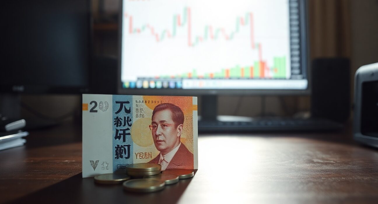 Japanese yen banknotes and coins on a desk with a trading chart in the background