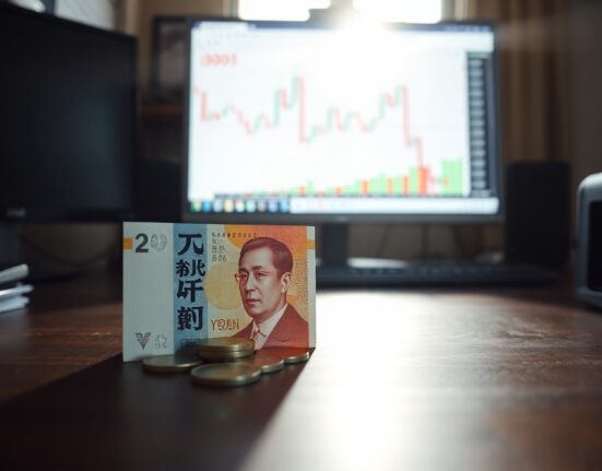 Japanese yen banknotes and coins on a desk with a trading chart in the background