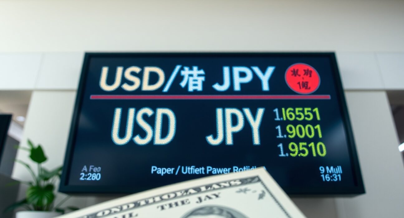 USD/JPY exchange rate board with Japanese yen and US dollar banknotes, illustrating forex market intervention