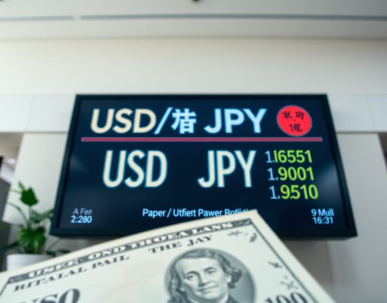 USD/JPY exchange rate board with Japanese yen and US dollar banknotes, illustrating forex market intervention