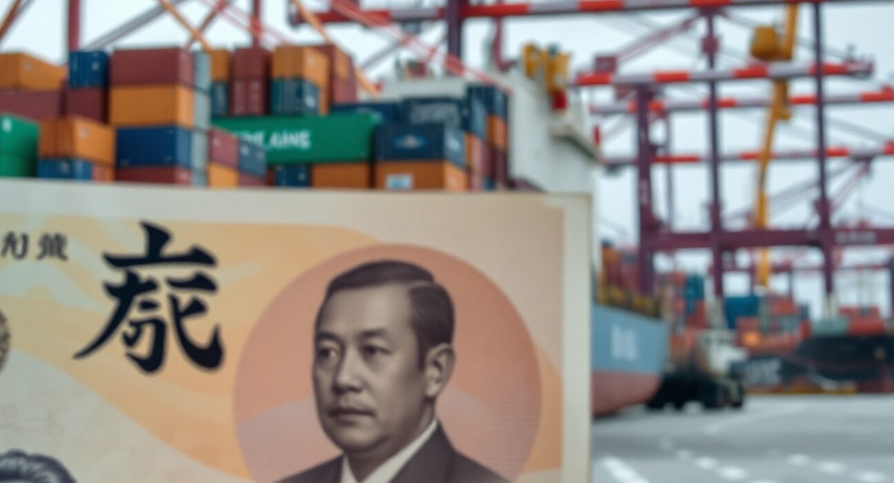 Japanese yen banknote overlaid on cargo port scene symbolizing import costs