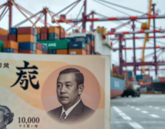 Japanese yen banknote overlaid on cargo port scene symbolizing import costs