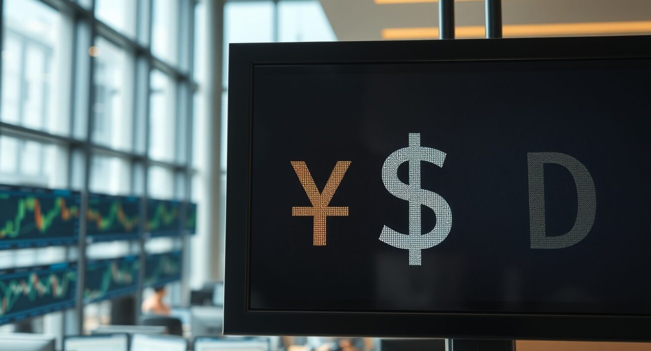 Japanese yen and US dollar exchange rate display in a Tokyo financial district