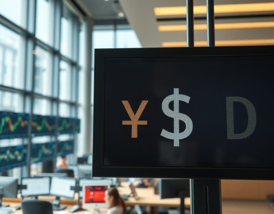 Japanese yen and US dollar exchange rate display in a Tokyo financial district