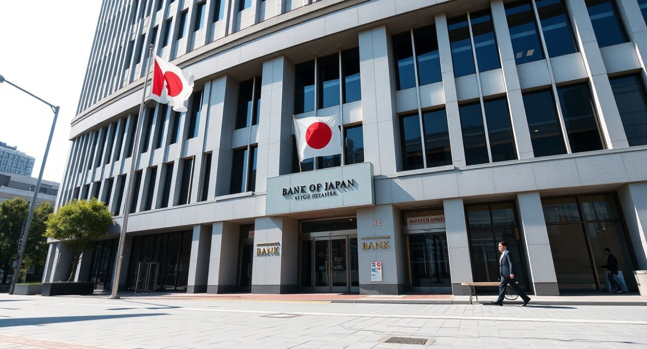 Bank of Japan headquarters in Tokyo on a clear day, symbolizing monetary policy decisions