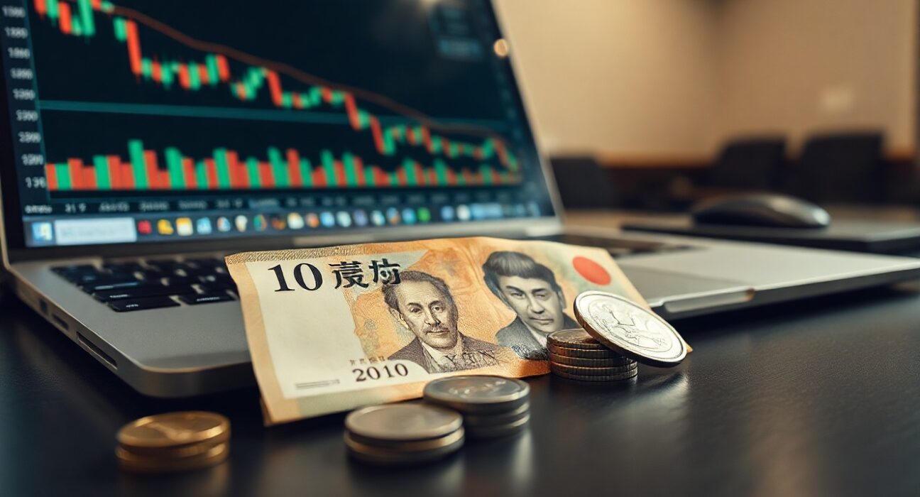 Japanese yen banknotes and coins beside a laptop showing a financial chart