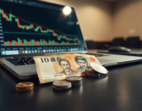 Japanese yen banknotes and coins beside a laptop showing a financial chart