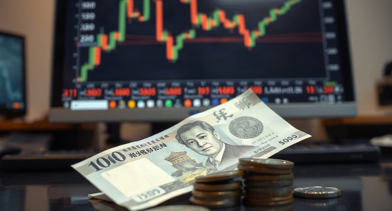 Japanese yen banknotes and coins on a trading desk with a USD/JPY chart on screen