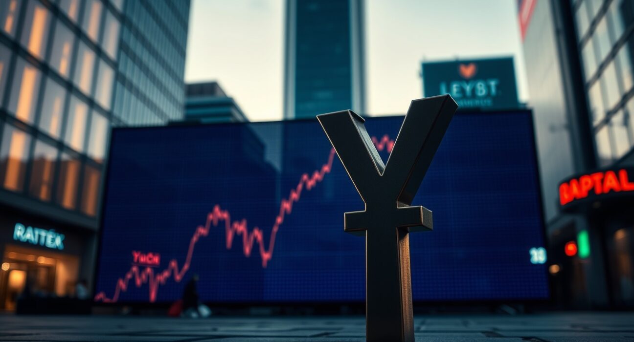 Japanese yen symbol with market chart showing spike, indicating currency intervention