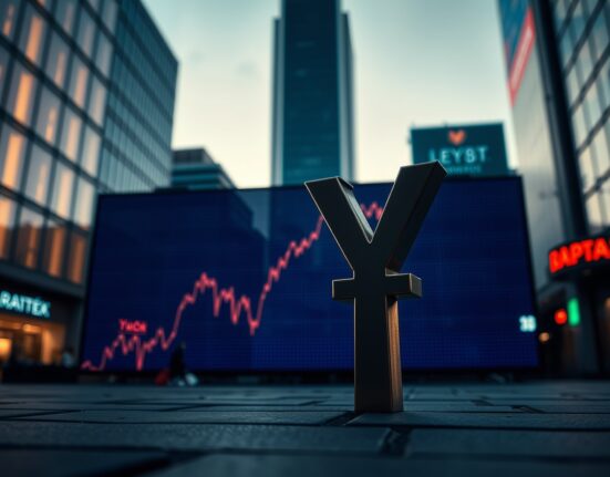 Japanese yen symbol with market chart showing spike, indicating currency intervention