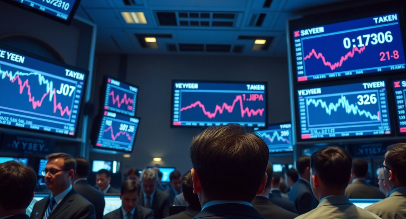 Traders on a Tokyo forex floor watching USD/JPY charts spike during suspected yen intervention.