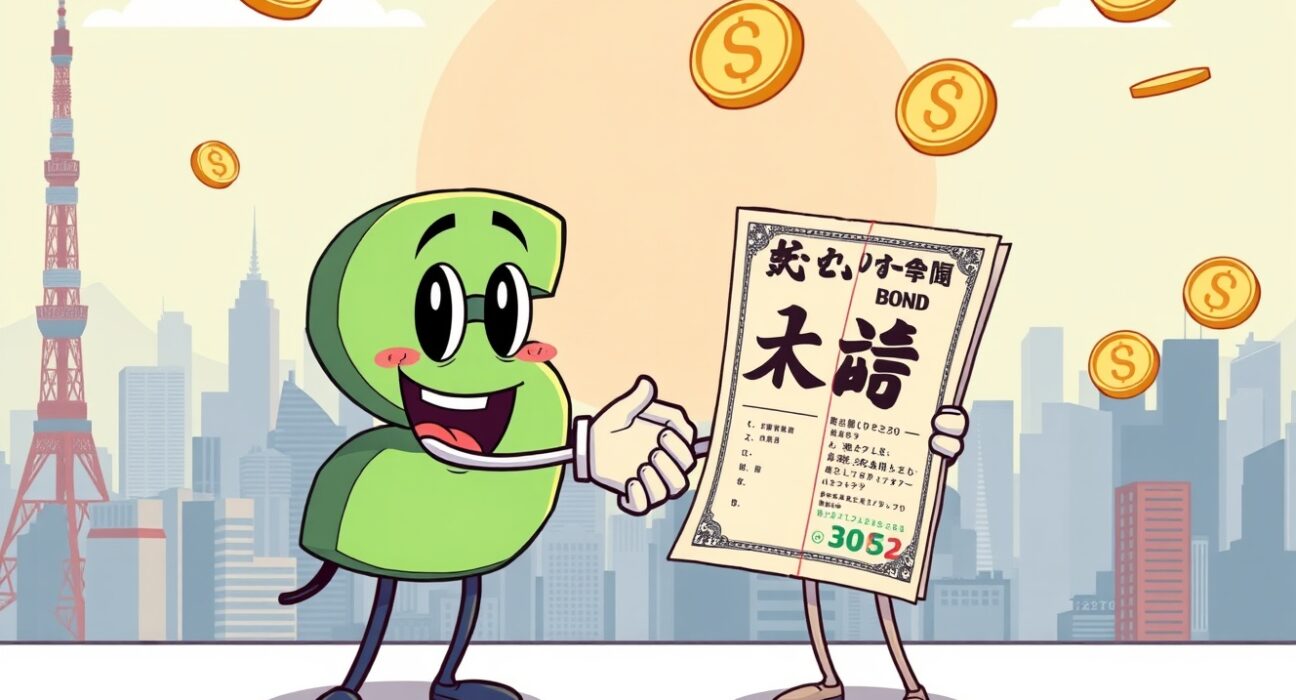 yen stablecoin and Japanese government bonds partnership in vibrant cartoon illustration