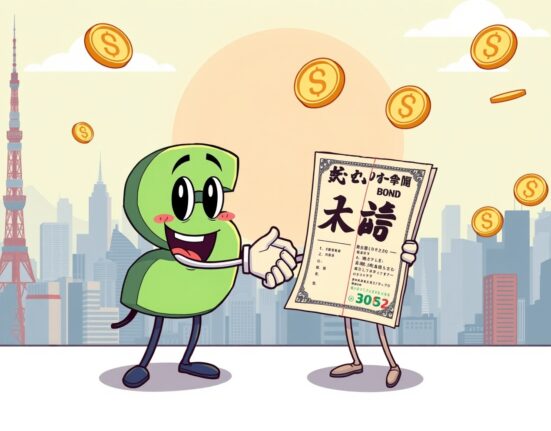 yen stablecoin and Japanese government bonds partnership in vibrant cartoon illustration
