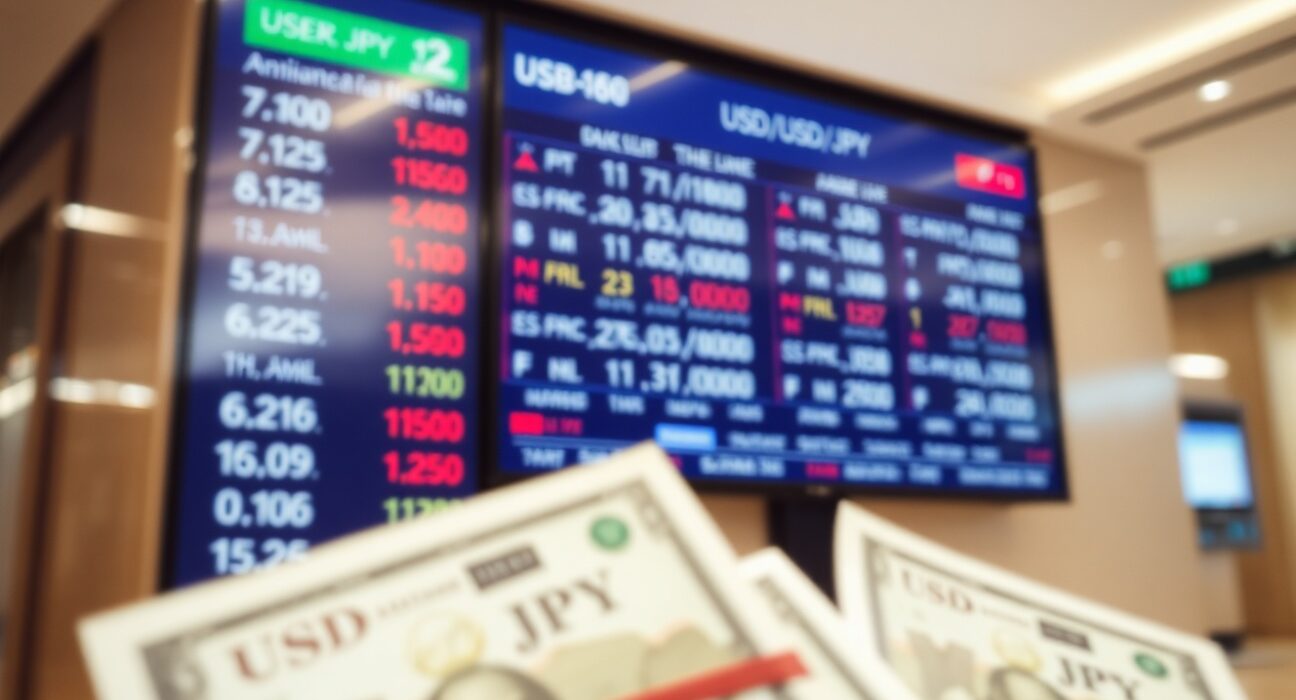 USD/JPY exchange rate charts on a screen with yen and dollar banknotes in foreground