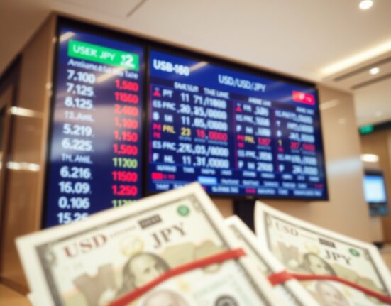 USD/JPY exchange rate charts on a screen with yen and dollar banknotes in foreground