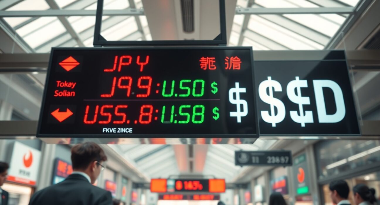 Digital currency exchange board in Tokyo showing yen and dollar rates with traders in background