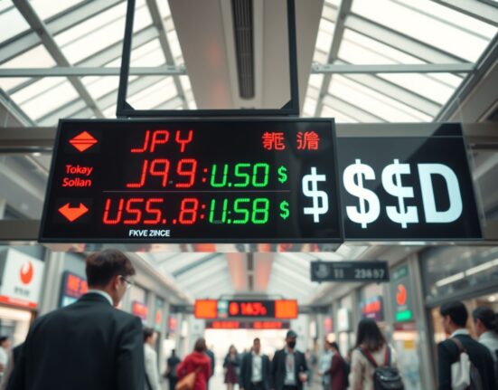 Digital currency exchange board in Tokyo showing yen and dollar rates with traders in background