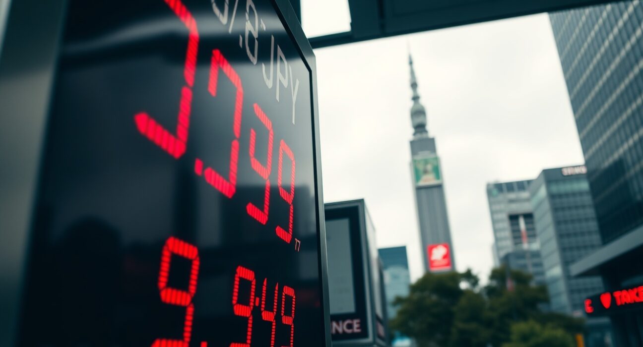 Digital currency exchange board in Tokyo showing USD/JPY rate near a 40-year low