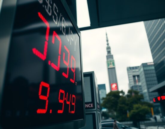 Digital currency exchange board in Tokyo showing USD/JPY rate near a 40-year low
