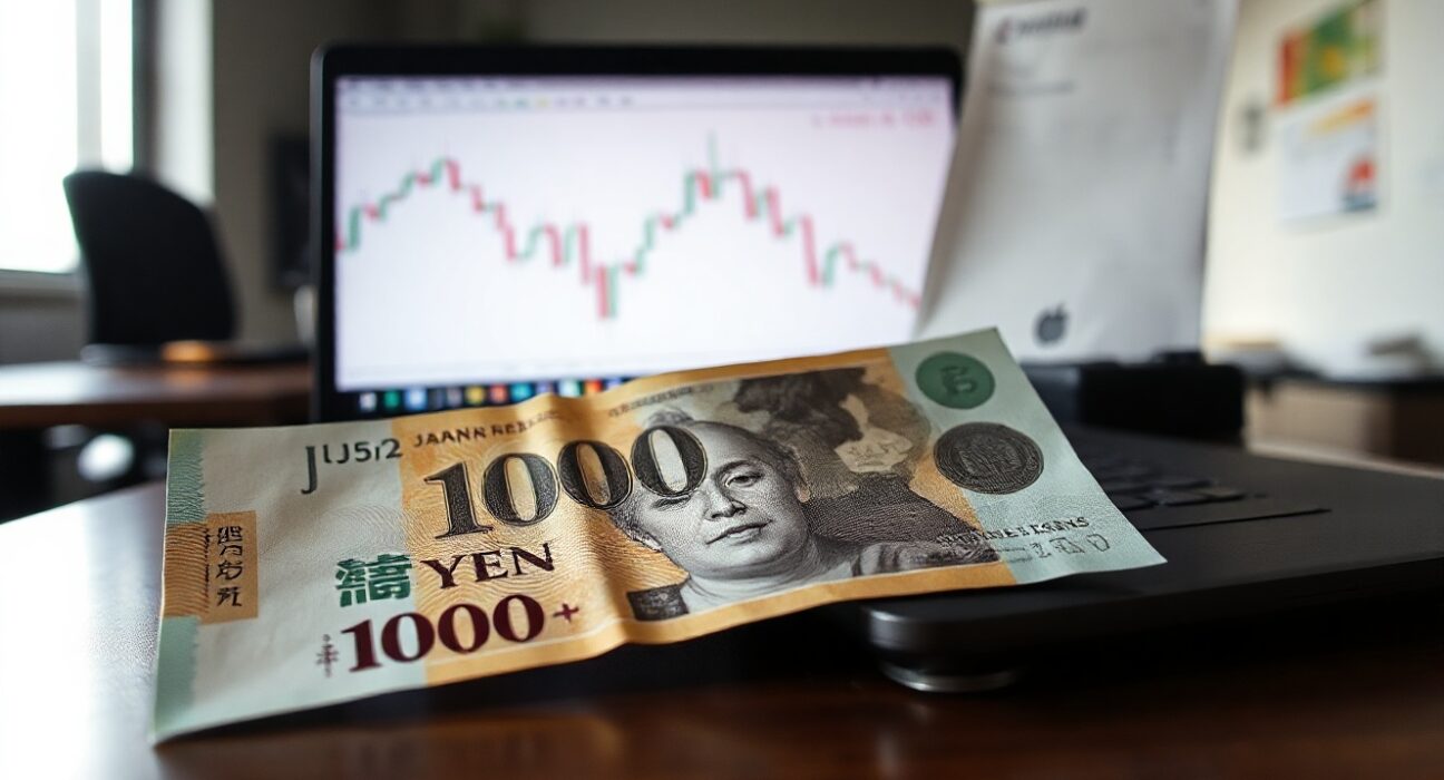 Japanese yen banknotes and a laptop showing USD/JPY chart, symbolizing currency market analysis.