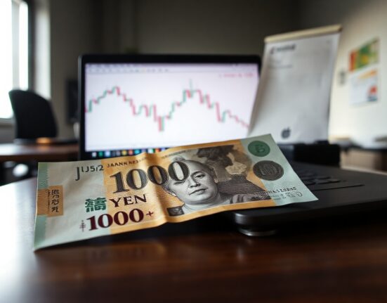 Japanese yen banknotes and a laptop showing USD/JPY chart, symbolizing currency market analysis.