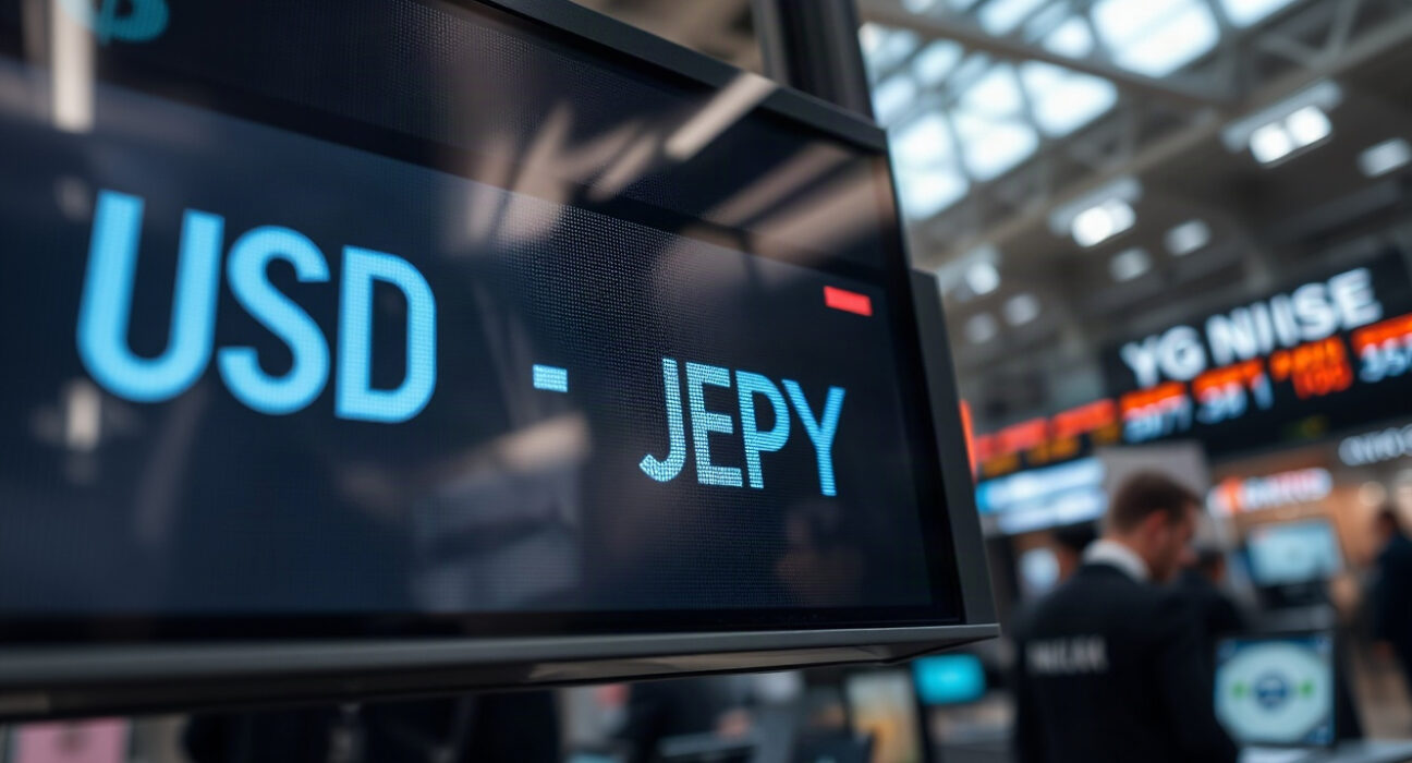 USD/JPY exchange rate chart displayed on a trading screen in a financial district