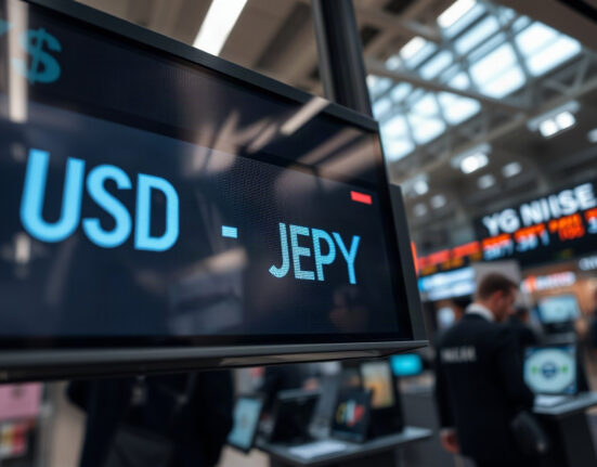 USD/JPY exchange rate chart displayed on a trading screen in a financial district
