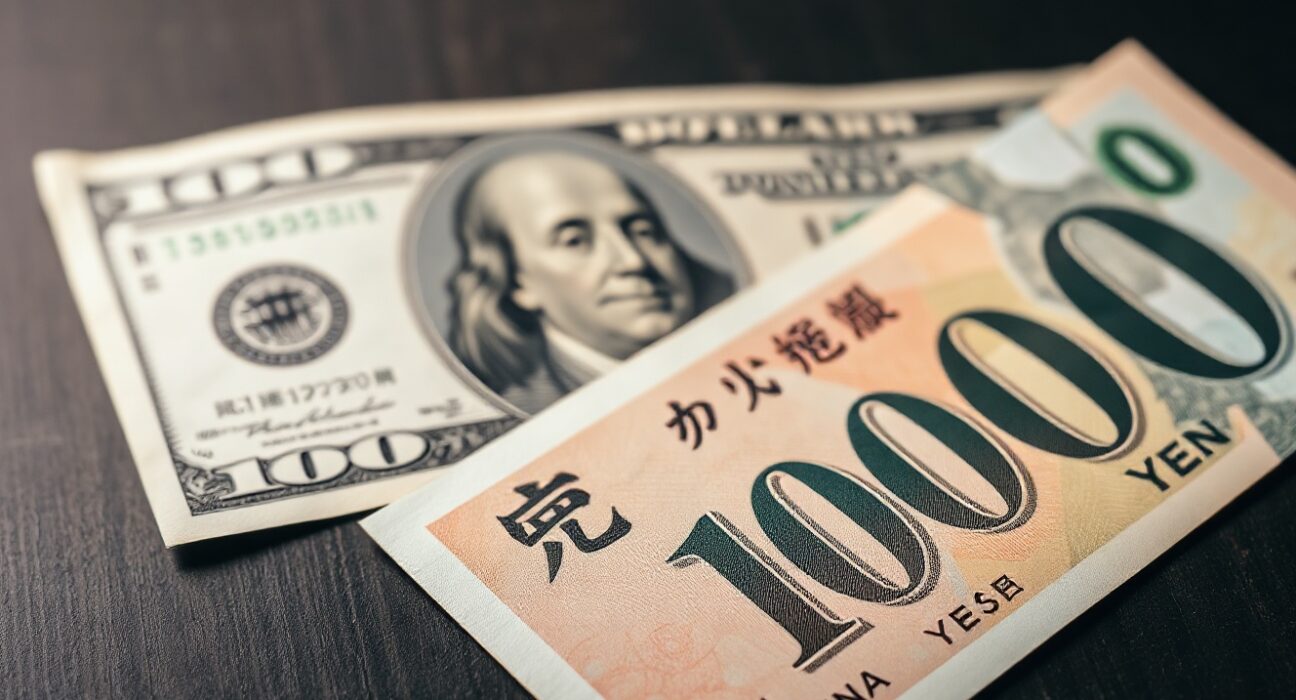 Japanese Yen and US Dollar banknotes on a desk, representing forex market analysis and potential BOJ policy shift.