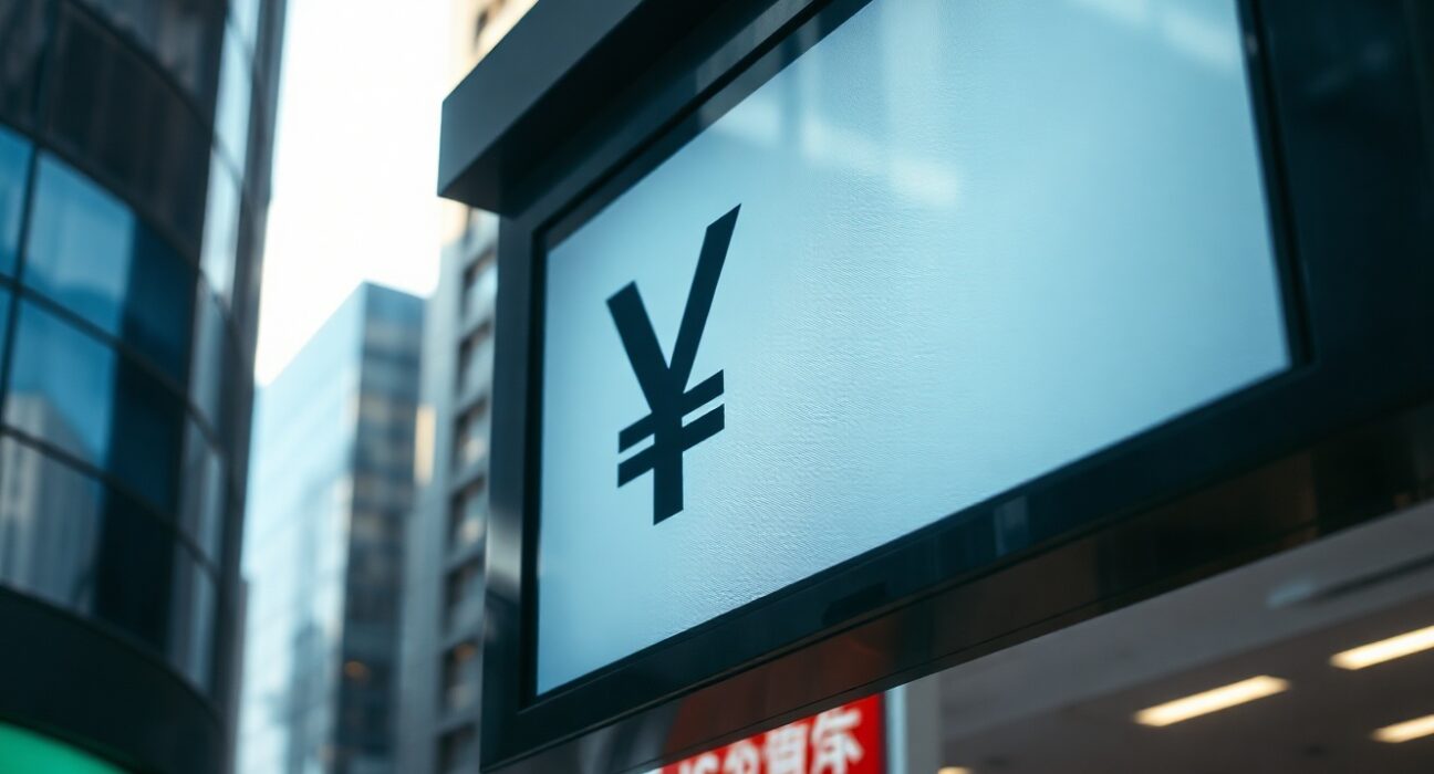 Electronic currency exchange board in Tokyo showing yen and dollar rates