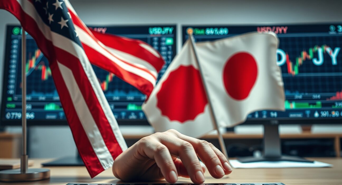 Analyst workspace with US and Japanese flags and trading charts, symbolizing currency intervention challenges.