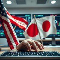 Analyst workspace with US and Japanese flags and trading charts, symbolizing currency intervention challenges.