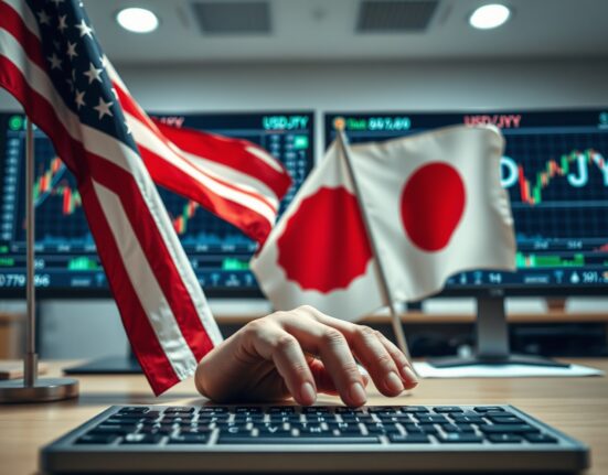 Analyst workspace with US and Japanese flags and trading charts, symbolizing currency intervention challenges.