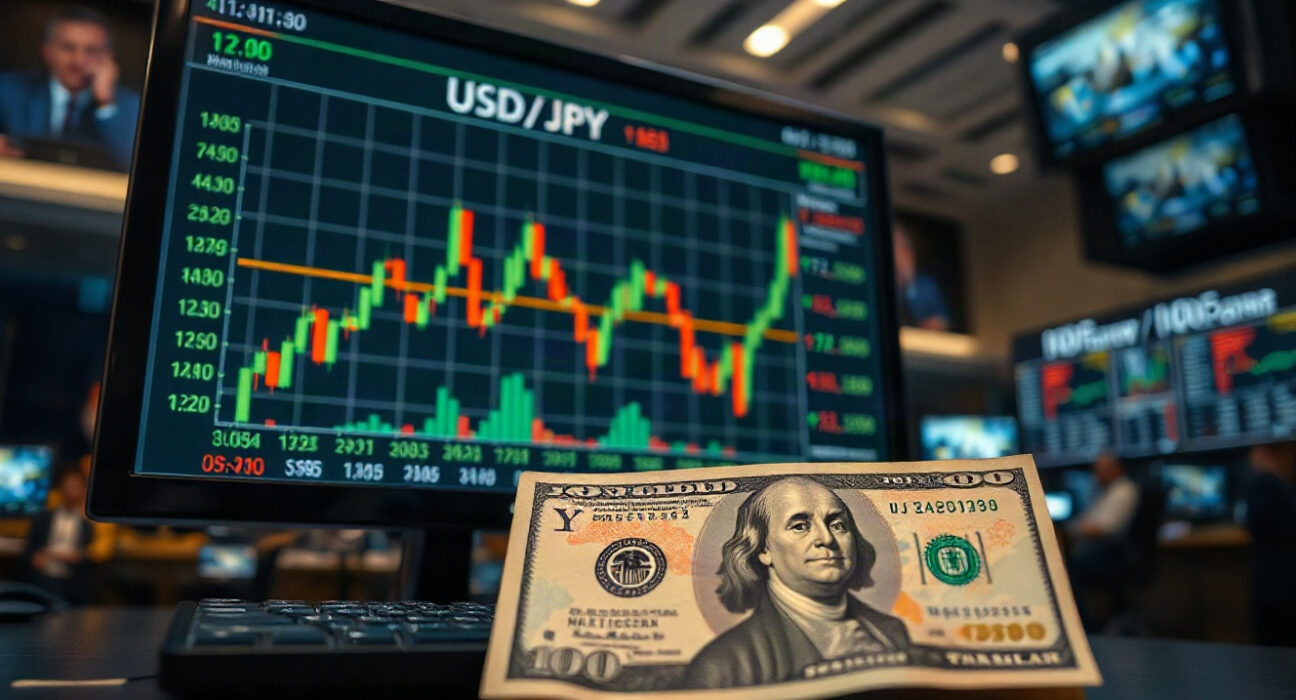 USD/JPY chart on a trading screen with Japanese yen and US dollar banknotes
